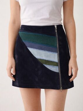 Myco Anna Navy micro Corduroy A-Line Mini Skirt artsy patchwork zipper
